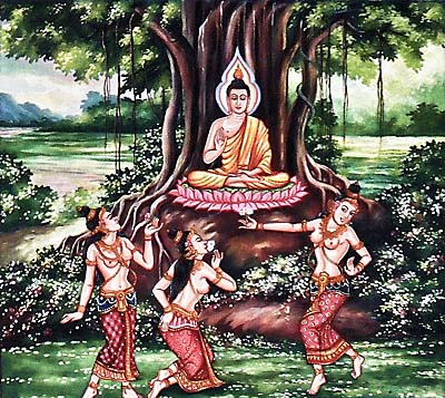 Mara's Daughters Tempting Meditating Buddha by Asienreisender